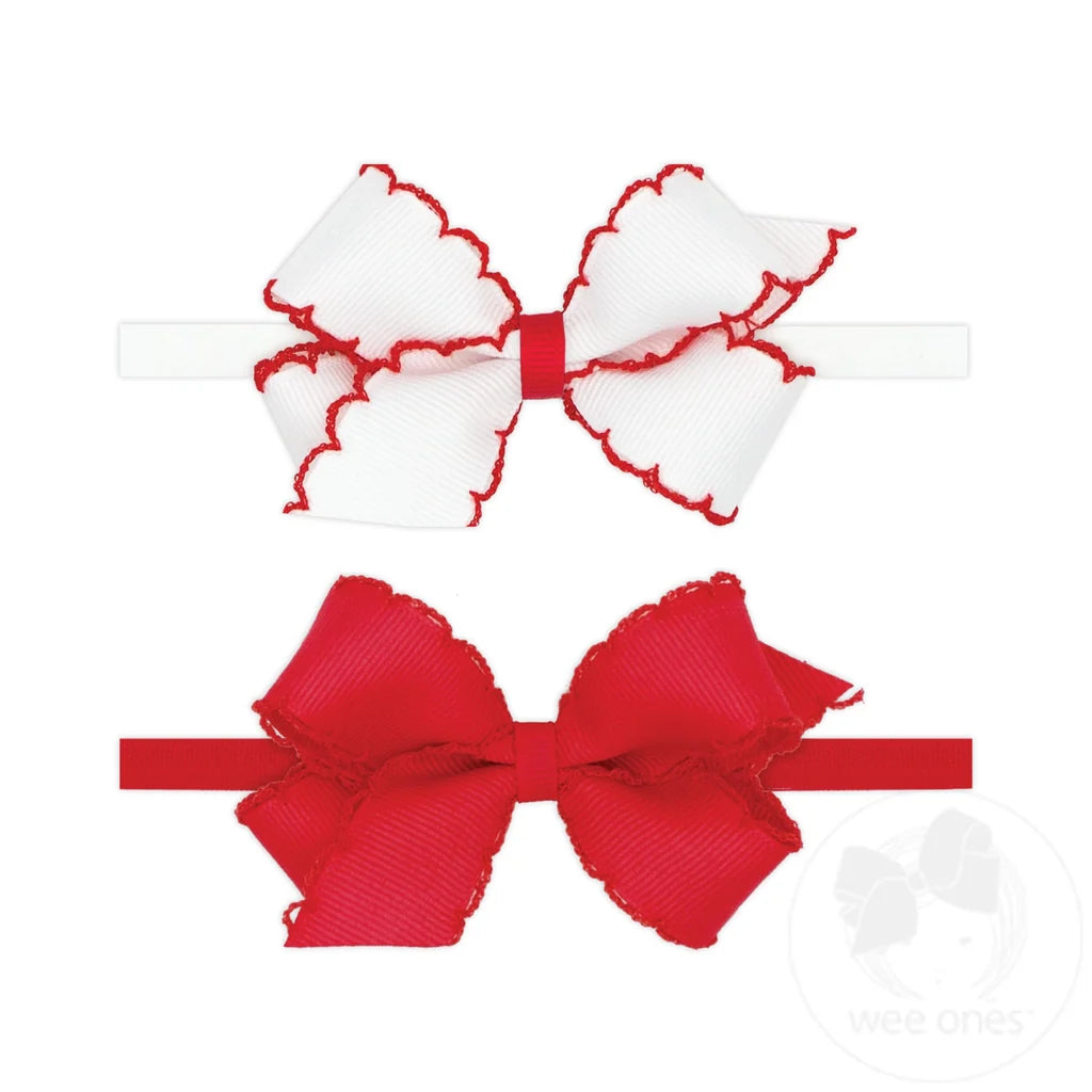 Two Mini Grosgrain Bows with Moonstitch Edge on Skinny Nylon Band