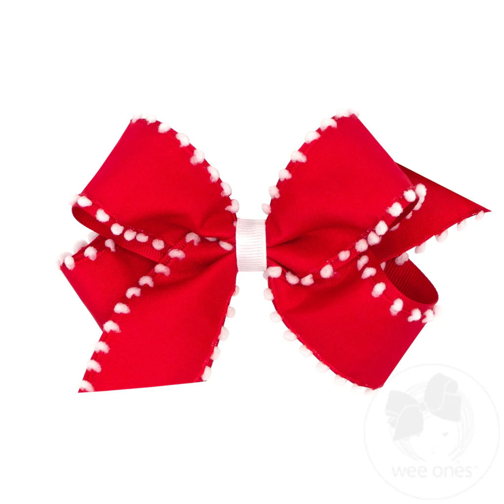 Holiday Style Pom-Pom Edge Grosgrain Overlay Girls Hair Bow- RED W/ WHT