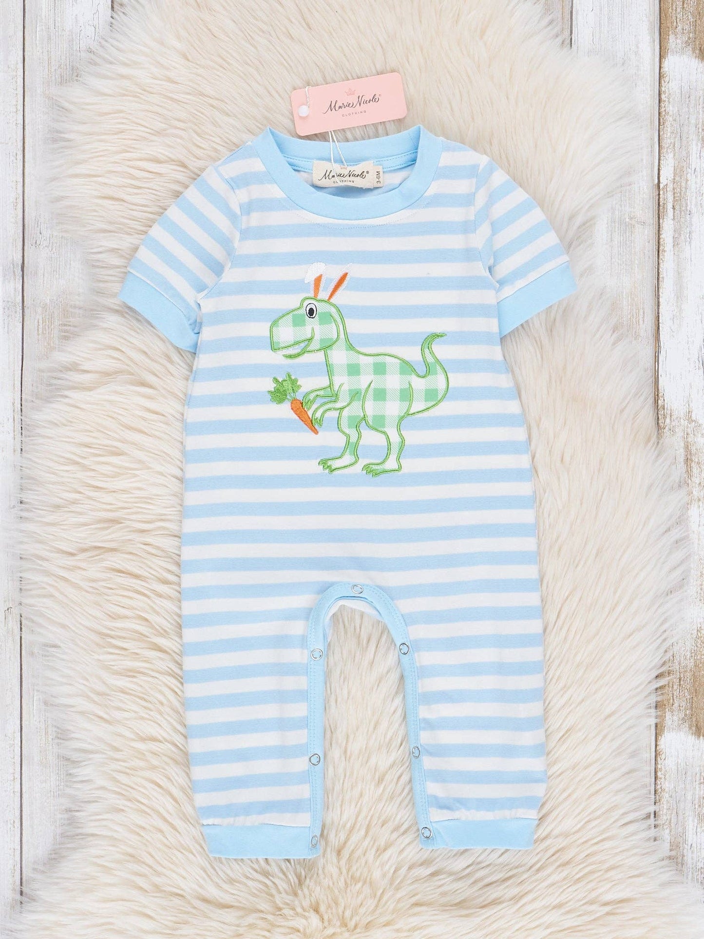 Blue & Green Gingham Embroidered T-Rex Romper