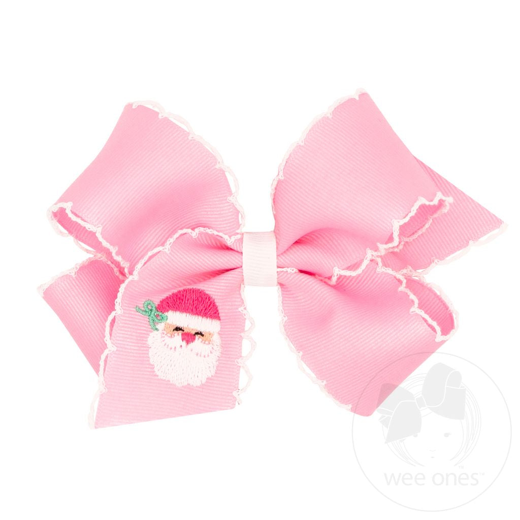 Grosgrain Hair Bow with Moonstitch Edge and Pink Christmas Embroidery - PINK SANTA