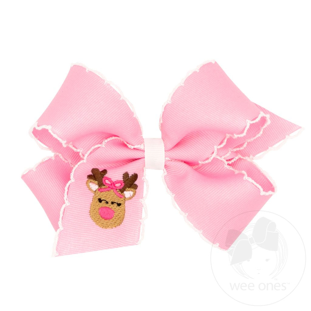 Grosgrain Hair Bow with Moonstitch Edge and Pink Christmas Embroidery - REINDEER