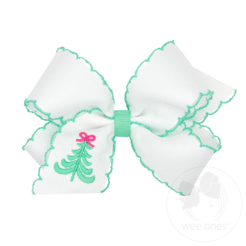 Grosgrain Hair Bow with Moonstitch Edge and Pink Christmas Embroidery - TREE