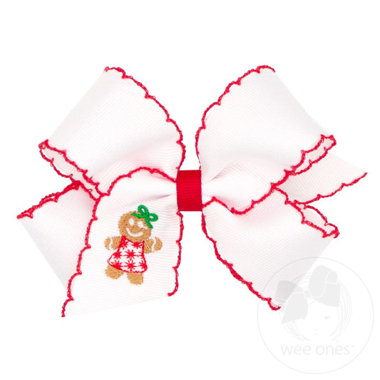 Grosgrain Hair Bow with Moonstitch Edge and Christmas Embroidery - GINGERBREAD