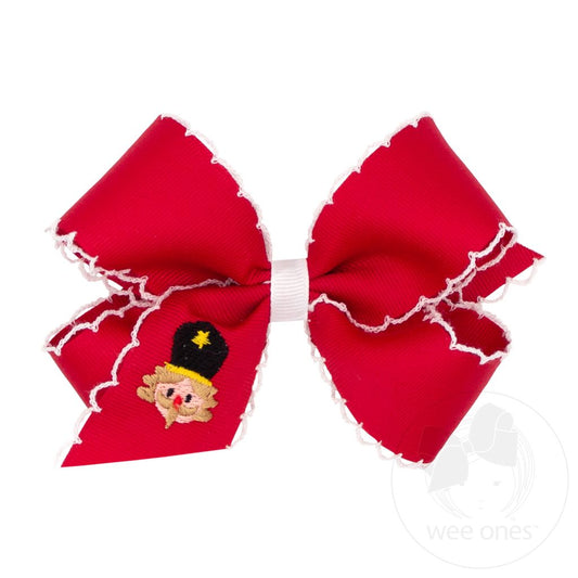 Grosgrain Hair Bow with Moonstitch Edge and Christmas Embroidery - RED NUTCRACKER