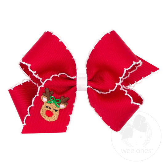 Grosgrain Hair Bow with Moonstitch Edge and Christmas Embroidery - RED REINDEER