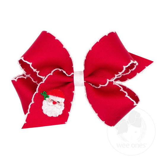 Grosgrain Hair Bow with Moonstitch Edge and Christmas Embroidery- RED SANTA