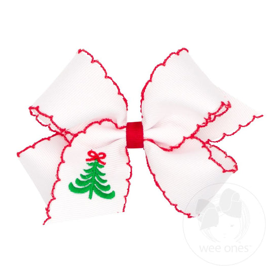 Grosgrain Hair Bow with Moonstitch Edge and Christmas Embroidery- TREE