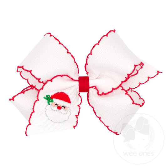 Grosgrain Hair Bow with Moonstitch Edge and Christmas Embroidery - WHITE SANTA