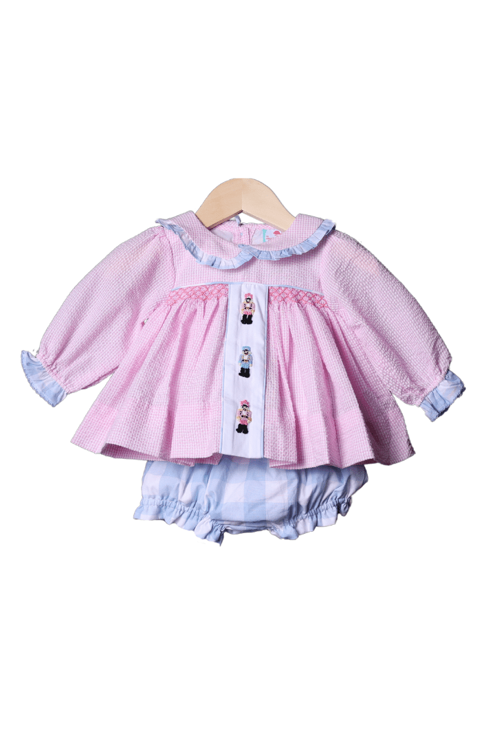 French Knot Nutcracker Pink and Blue Gingham Bloomer Set