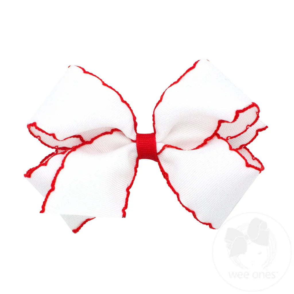 Moonstitch Grosgrain Hair Bow with Contrasting Wrap- WHT W/ RED