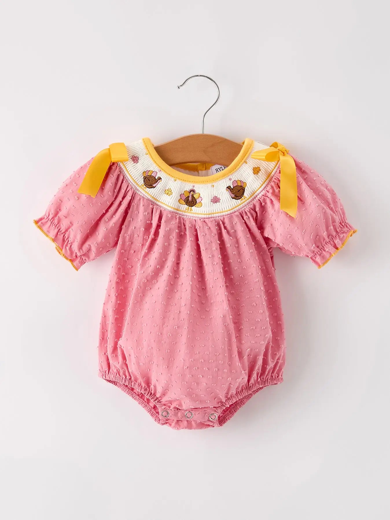 Fall Thanksgiving Turkey Leaf Embroidery Smocking Bow Baby Girls Romper