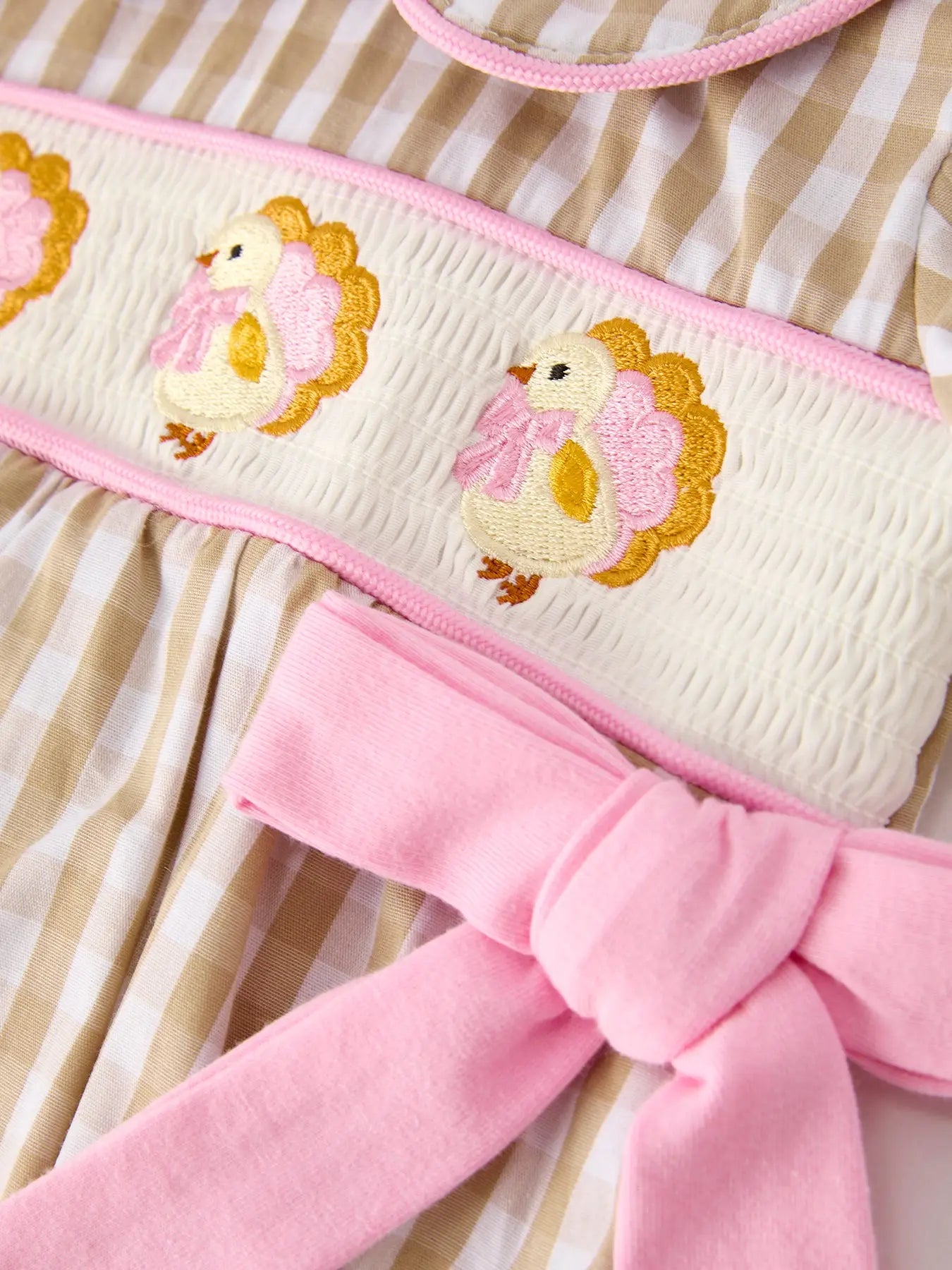 Fall Thanksgiving Lapel Plaid Chick Embroidery Smocking Bow Baby Girls Romper