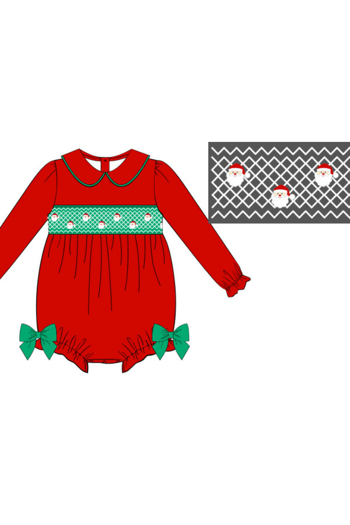 Smocked Geometric Santa Red/Green Corduroy Bow Bubble
