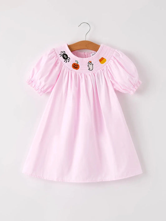 Fall Halloween Pink Spider Pumpkin Ghost Smock Embroidery Girl Dress