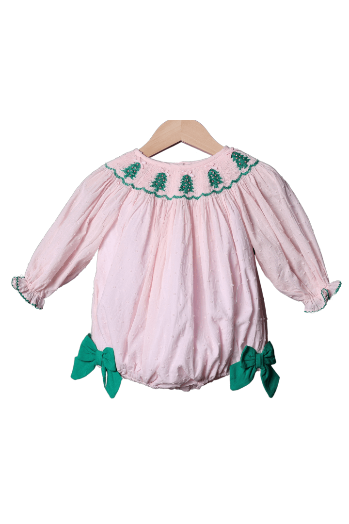 Smocked Christmas Tree Pink Swiss Dot Bubble