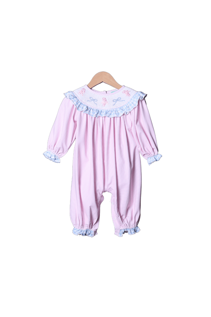 Smocked Pink and Blue Knit Candy Cane Romper
