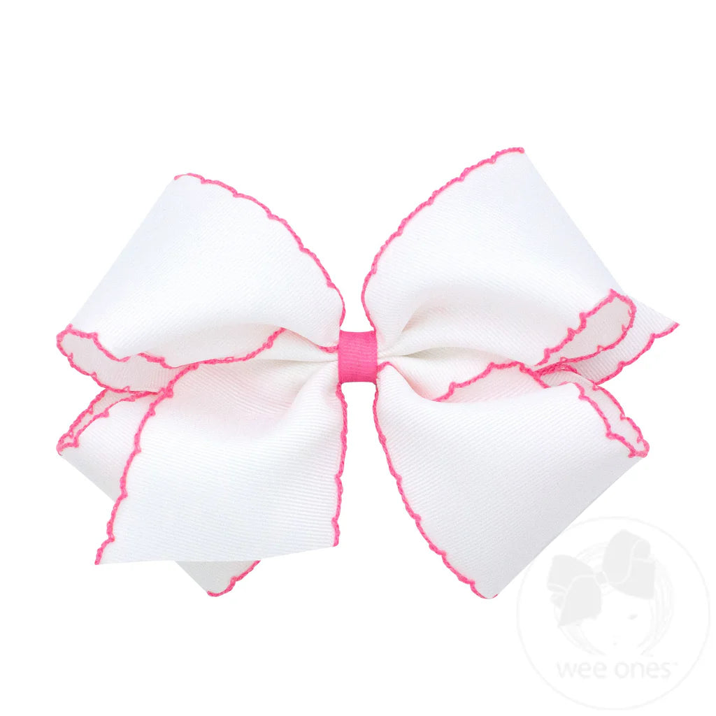 Moonstitch Grosgrain Hair Bow with Contrasting Wrap- WHT W/ HPK