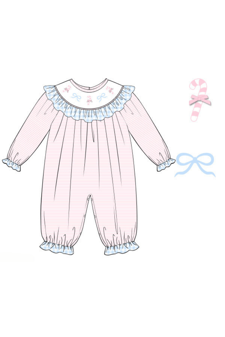 Smocked Pink and Blue Knit Candy Cane Romper