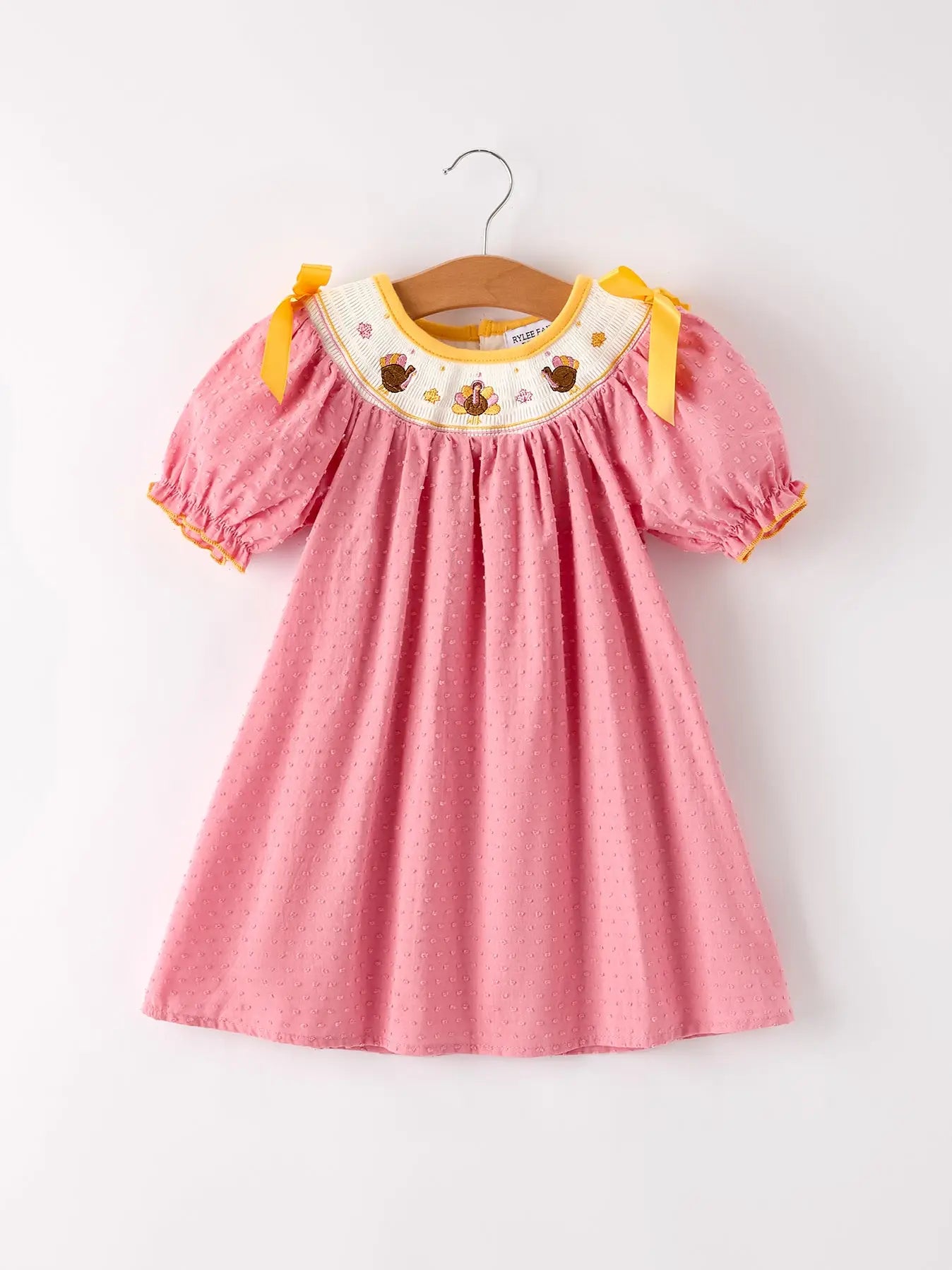 Fall Thanksgiving Turkey Leaf Embroidery Smocking Bow Girls Dress