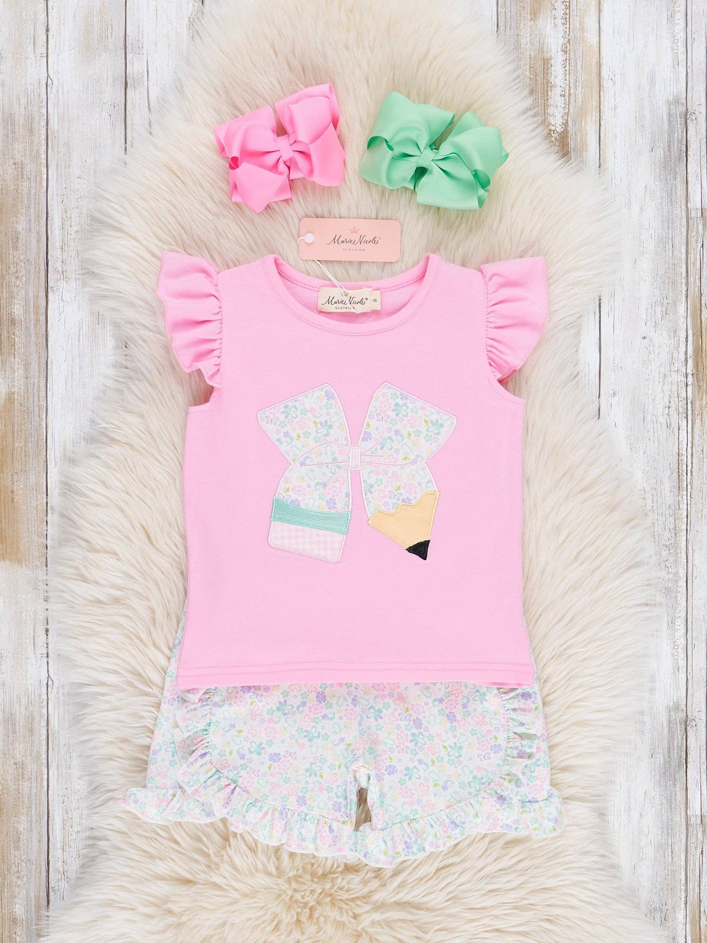 Sweet Embroidered Pencil Bows Ruffle Outfit