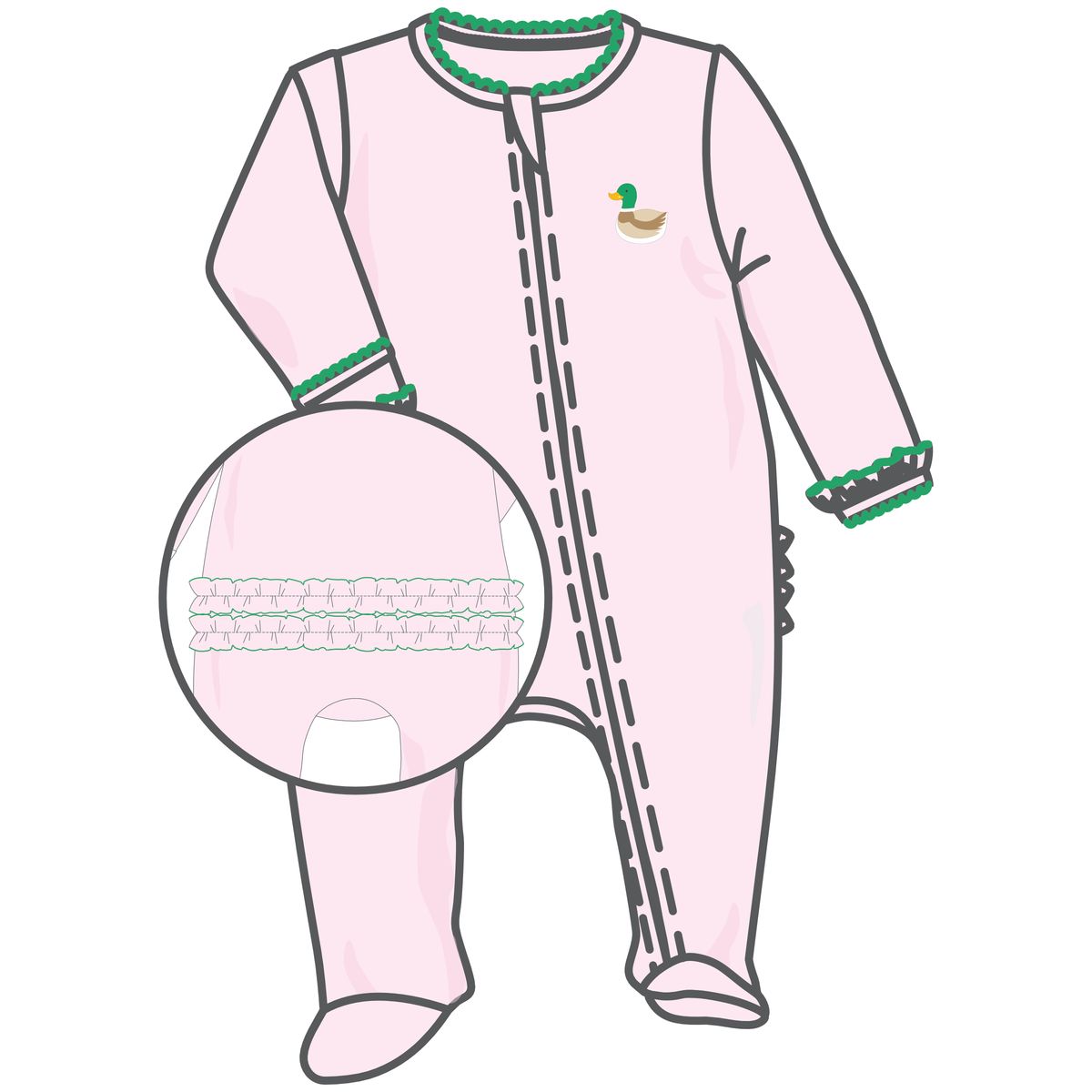 Mini Mallard Embroidered Ruffle Zip Footie - Pink