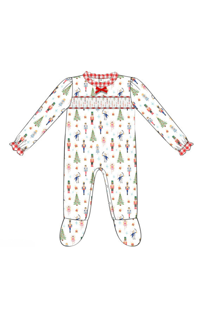 Smocked Nutcracker Footed Romper Bow Pajamas