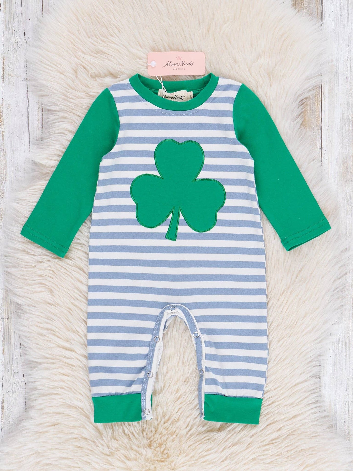 Grey Striped Green Embroidered Shamrock Romper