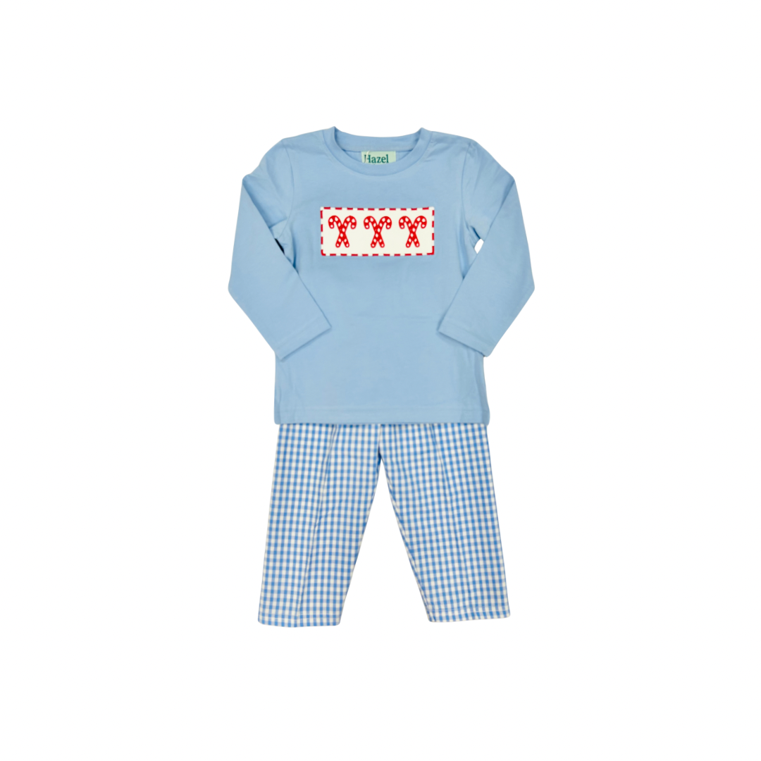Blue Gingham Candy Cane Embroidered Pant Set