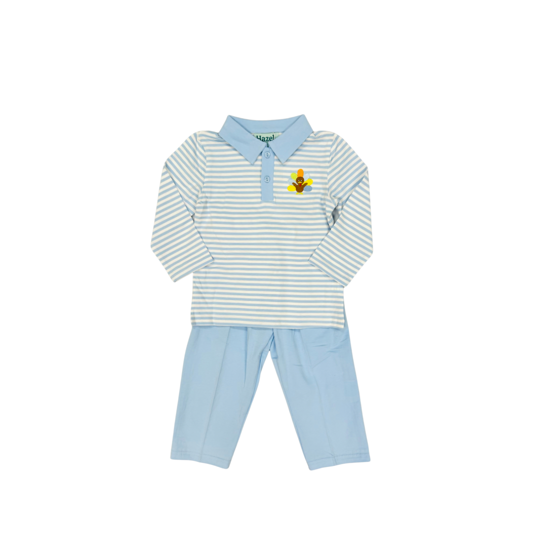 Blue Stripe Collared Turkey Applique Pant Set