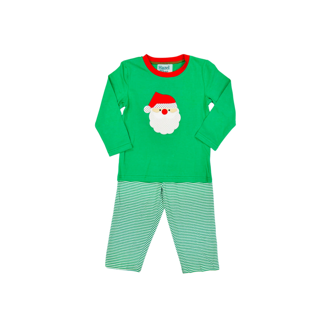 Green Stripe Pant Set with Santa Applique