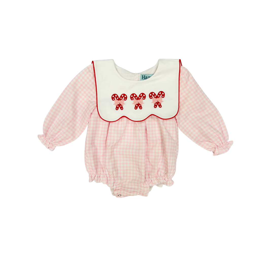 Pink Gingham Candy Cane Embroidered Bubble