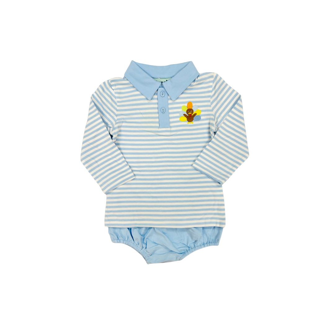 Blue Stripe Collared Turkey Applique Diaper Set
