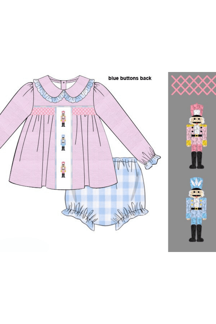 French Knot Nutcracker Pink and Blue Gingham Bloomer Set
