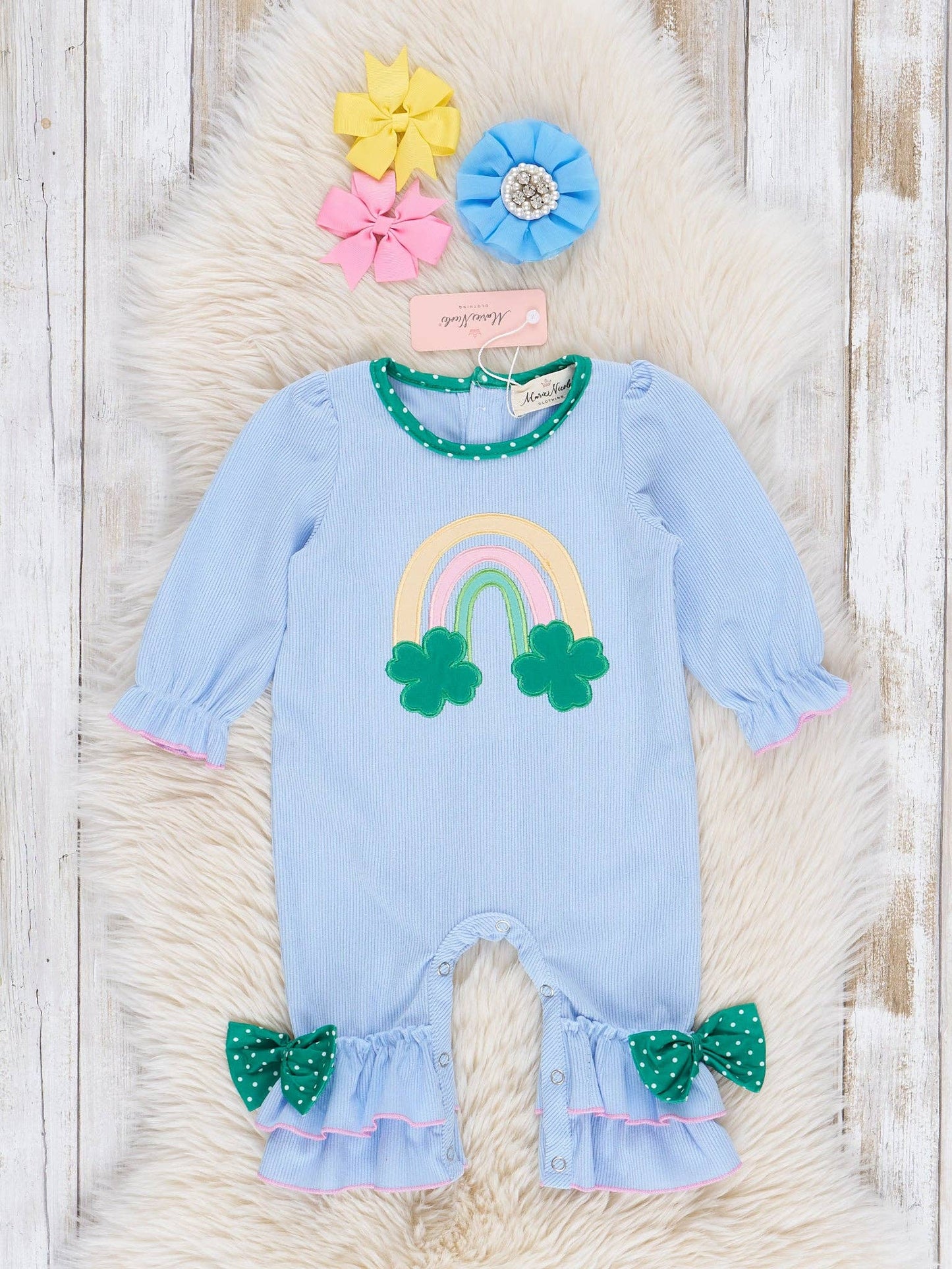 Blue Embroidered Lucky Rainbow Ruffle Romper