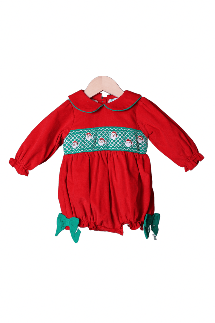 Smocked Geometric Santa Red/Green Corduroy Bow Bubble