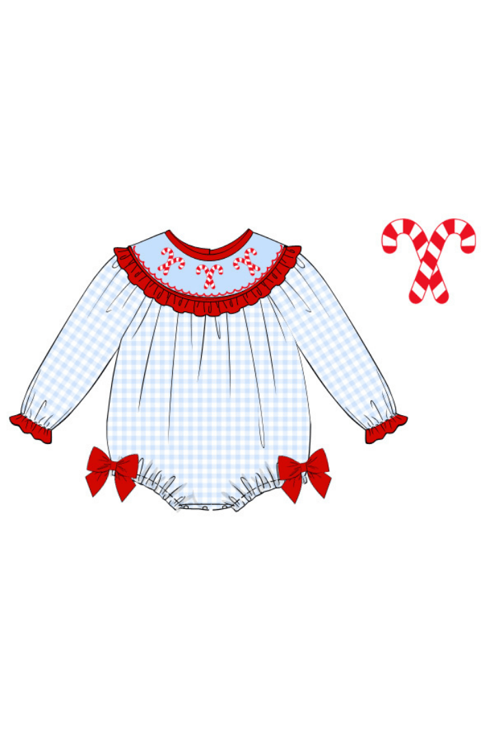 Smocked Blue Gingham Candy Cane Bishop Bubble