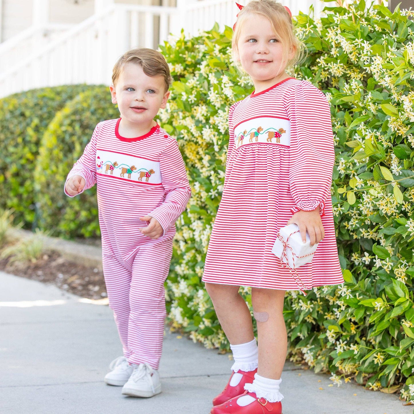 Boys Smocked Romper - Santa Dogs