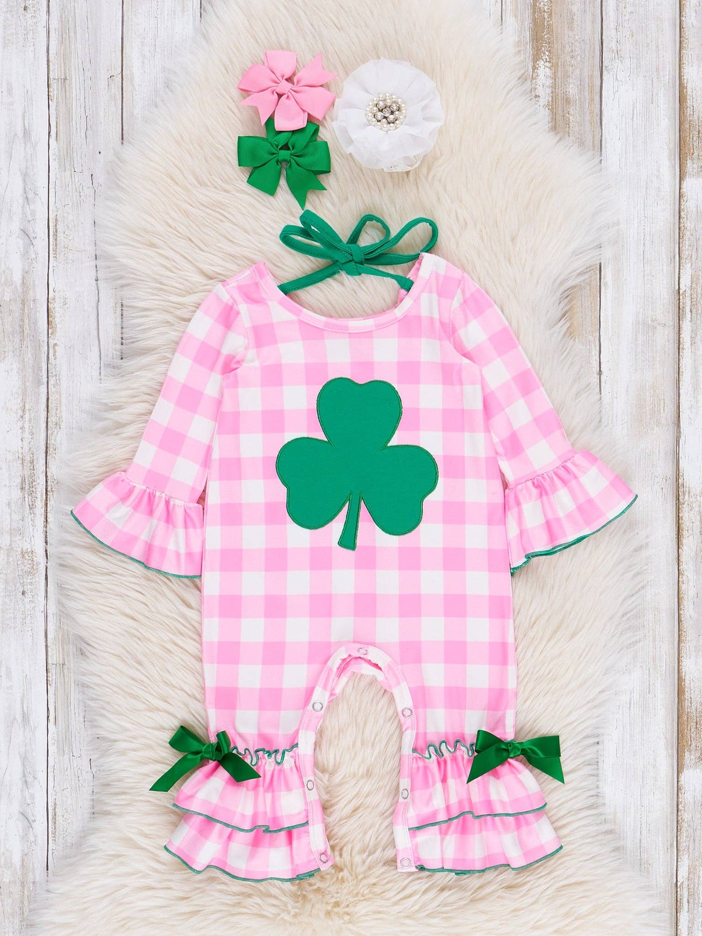 Pink Gingham Embroidered Shamrock Ruffle Romper