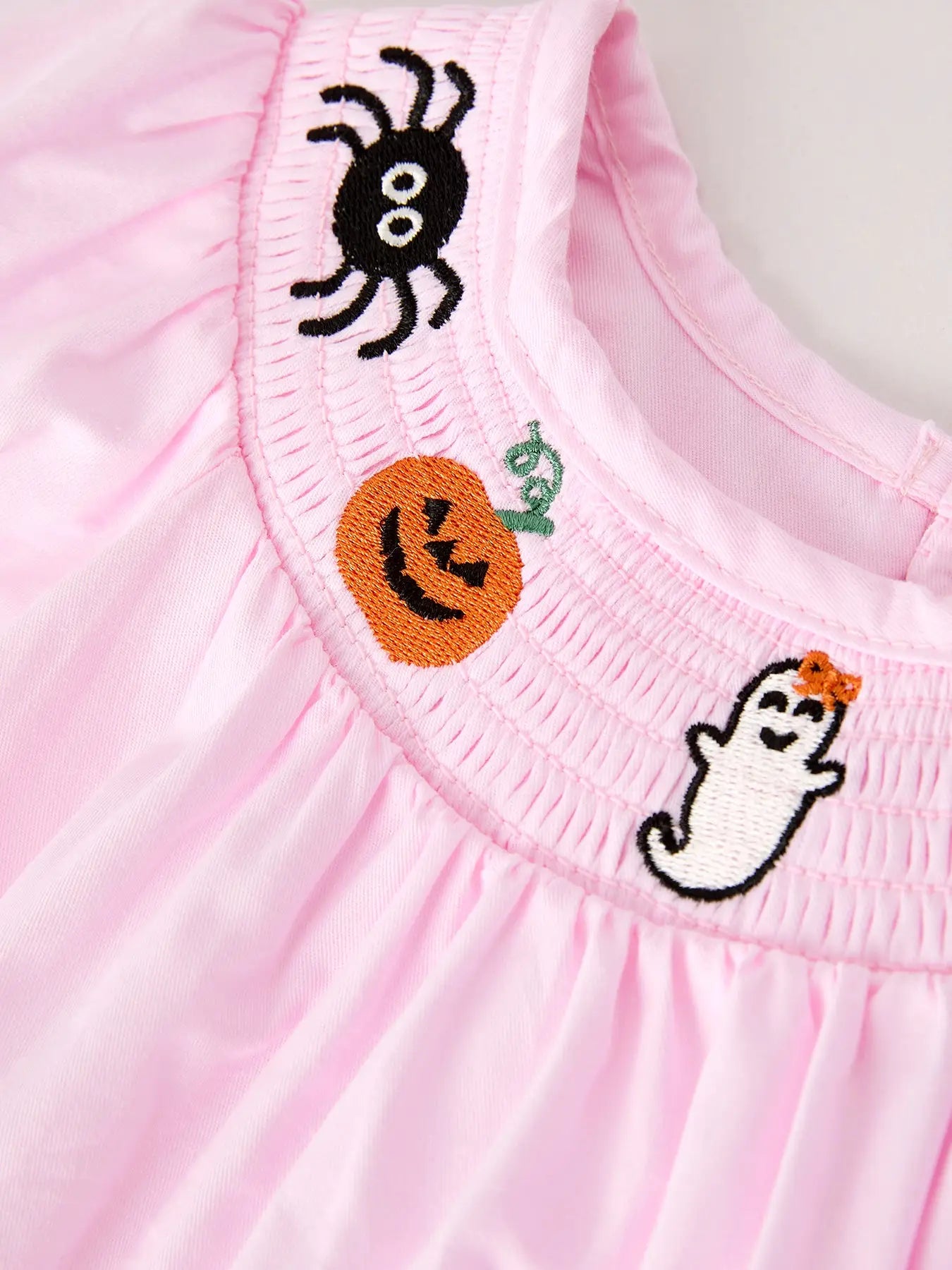 Fall Halloween Pink Spider Pumpkin Ghost Smock Embroidery Baby Girl Romper