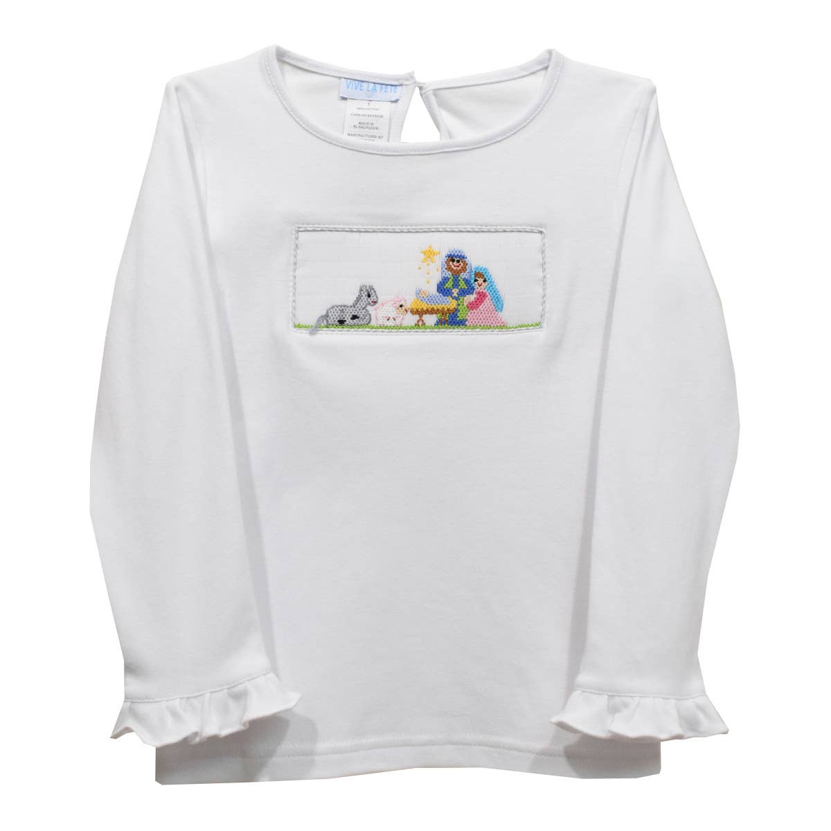 Nativity Smocked White Knit Ruffle Long Sleeve Girls T-Shirt