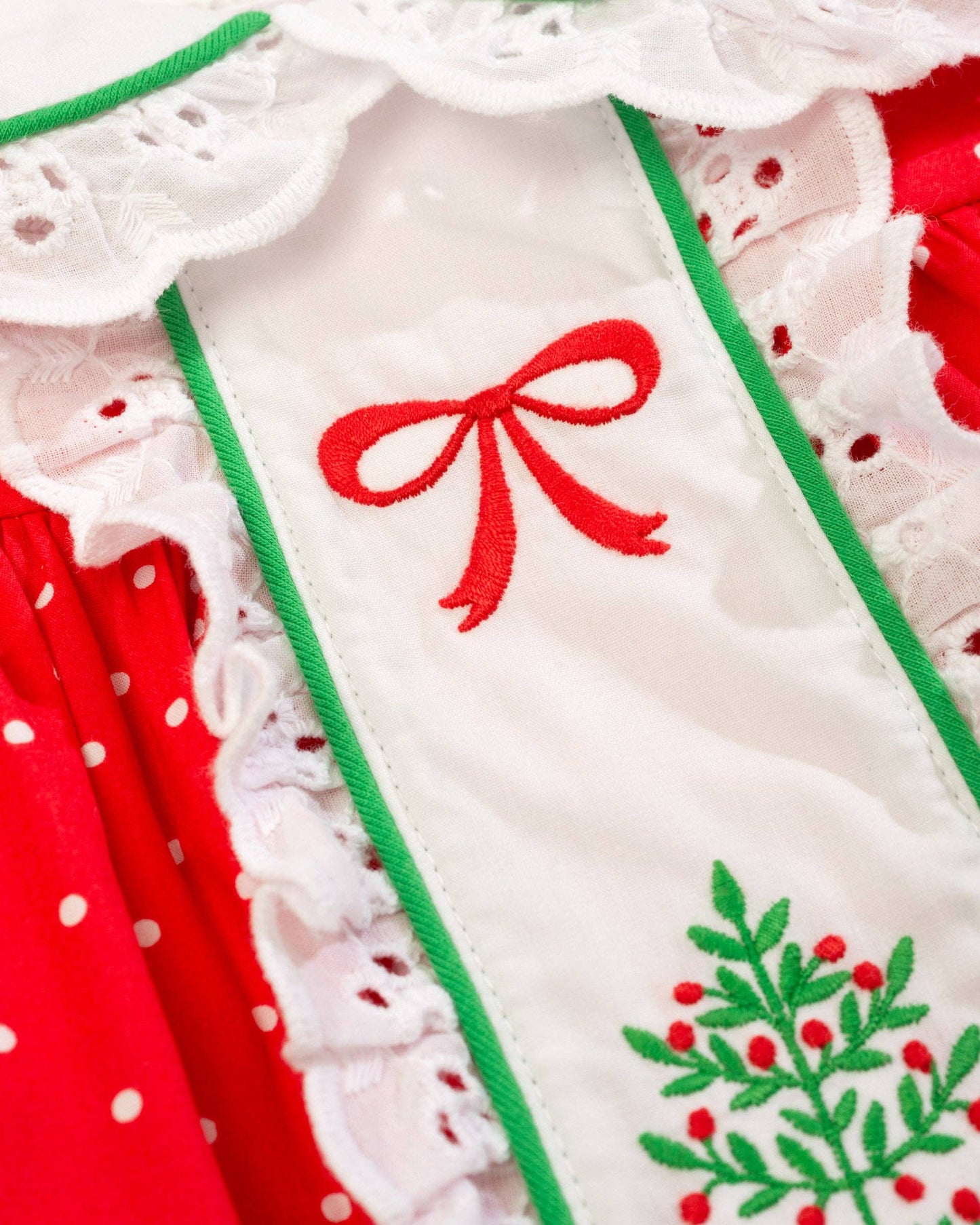 Deck the Halls Red Polka Dot A-Line Dress and Bloomer Set with Christmas Tree Embroidery