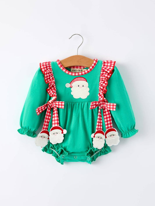 Christmas Cute Santa Applique Red Plaid Bow Baby Girls Romper