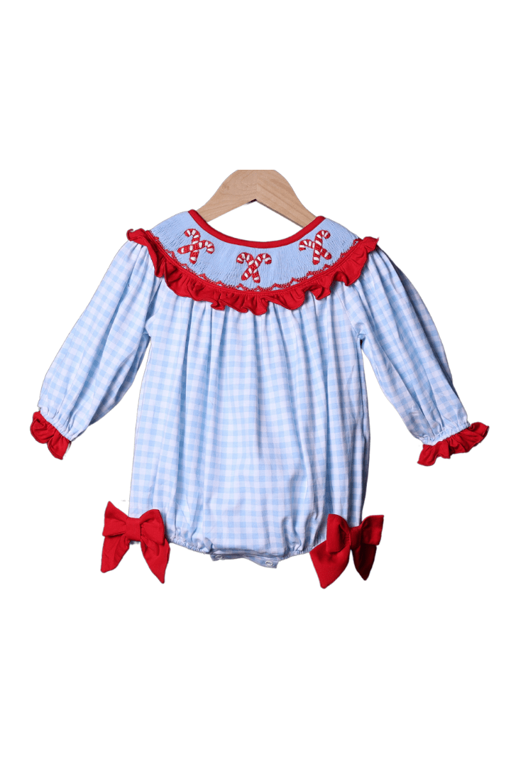 Smocked Blue Gingham Candy Cane Bishop Bubble