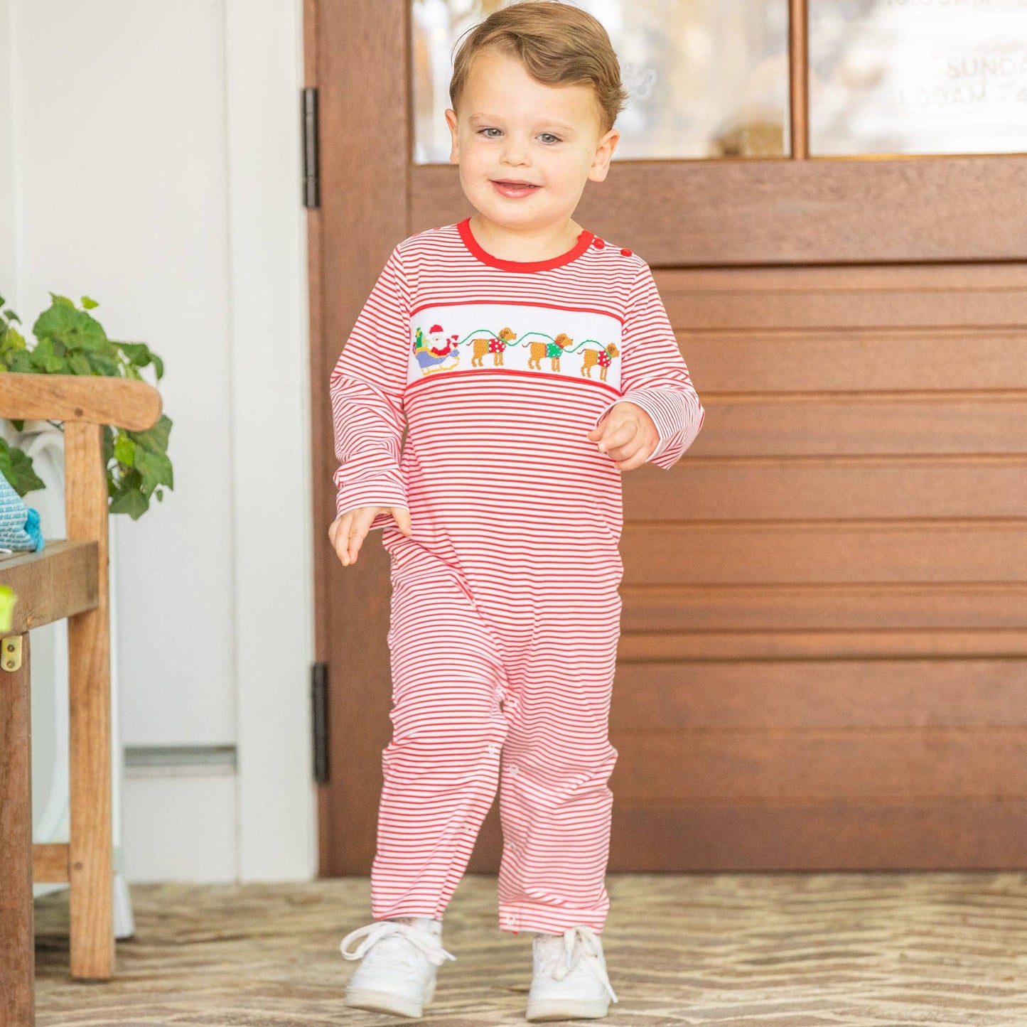 Boys Smocked Romper - Santa Dogs
