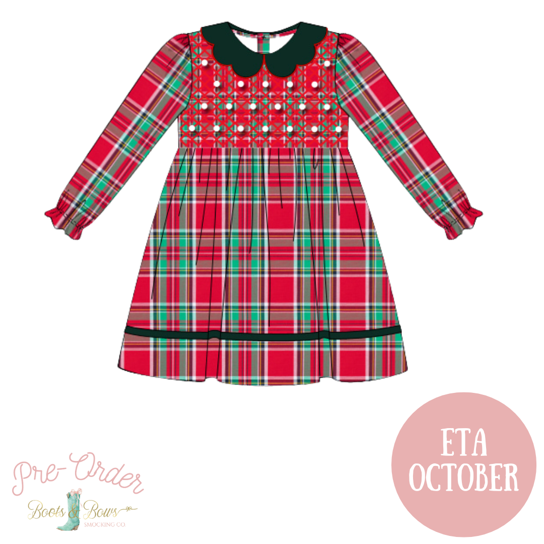 Girls Plaid Smocked Dress w/Pearls