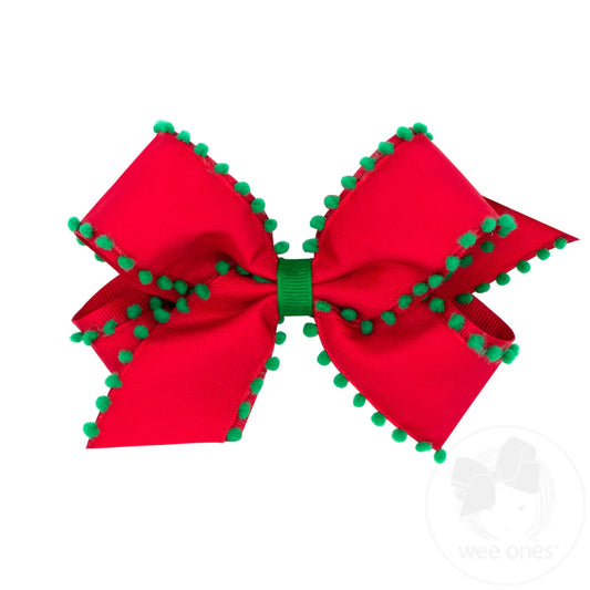 Holiday Style Pom-Pom Edge Grosgrain Overlay Girls Hair Bow- RED W/GRN