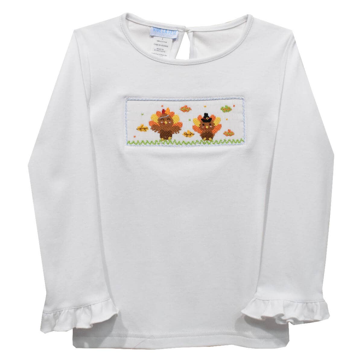 Thanksgiving Turkey Smocked White Ruffle Long Sleeve T-Shirt