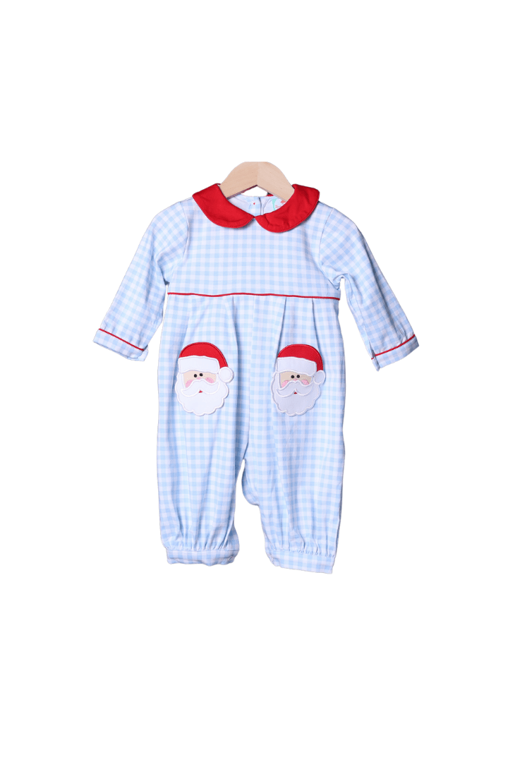 Blue Gingham Knit Santa Romper