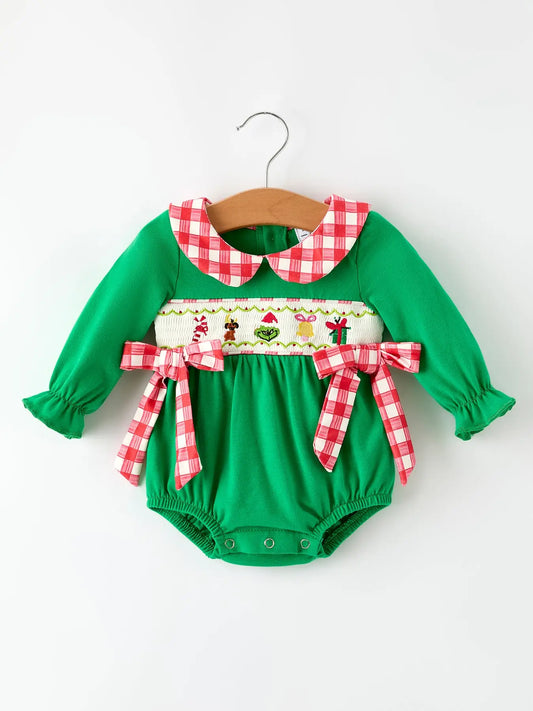 Christmas Character Candy Embroidery Green Baby Girls Romper