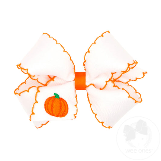 Grosgrain Hair Bow with Moonstitch Edge and Harvest Embroidery - PUMPKIN